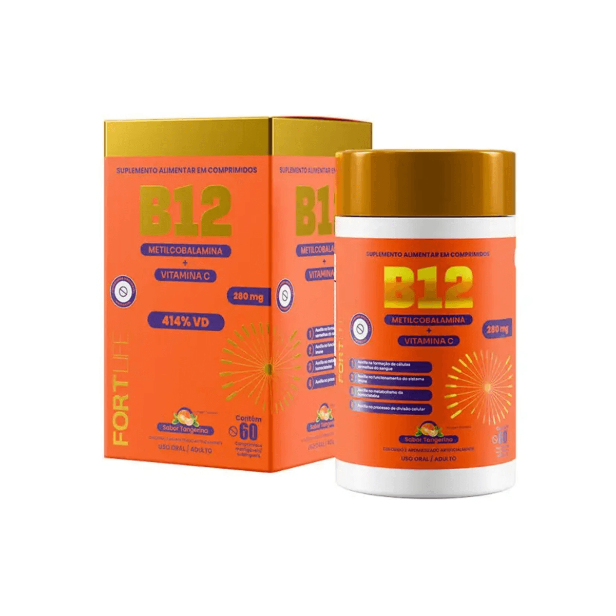 Vitamina B12 Mastigável 28mg Sabor Tangerina Fortlife